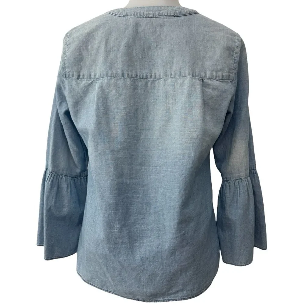 J. Crew Top Chambray Split Neck Long Bell Sleeve Blouse Size XS